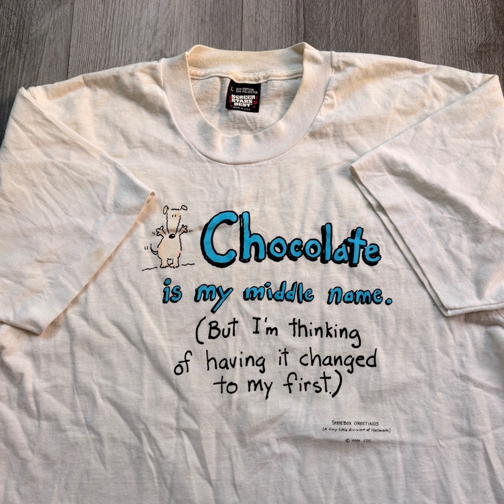 Vintage 80s Hallmark Shoebox L T-Shirt Chocolate Is My Middle Name Dog Funny